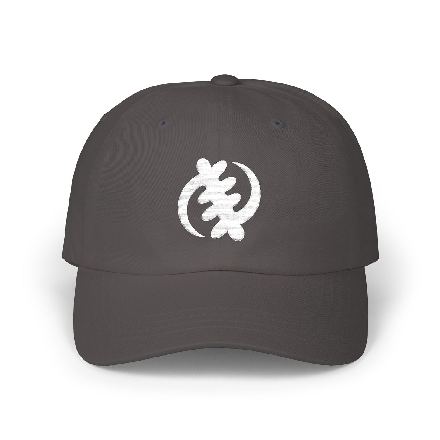 Dark gray baseball cap with white Sankofa symbol embroidered on front.