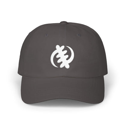 Dark gray baseball cap with white Sankofa symbol embroidered on front.