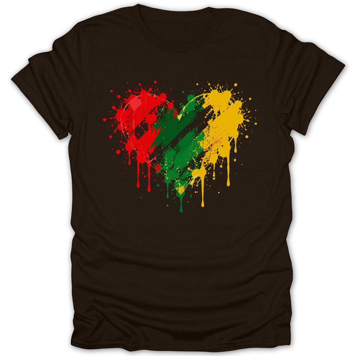 Brown t-shirt with a distressed heart design in red, green, and yellow paint splatters.