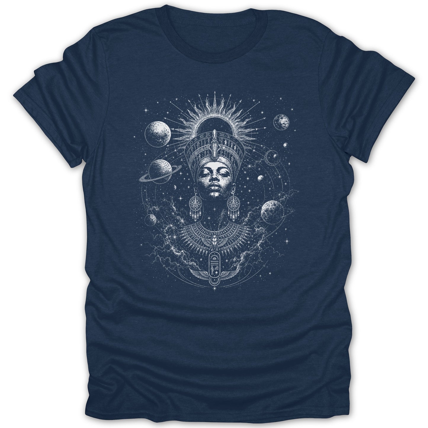 T-shirt with Nefertiti surrounded by planets, stars, and celestial elements.