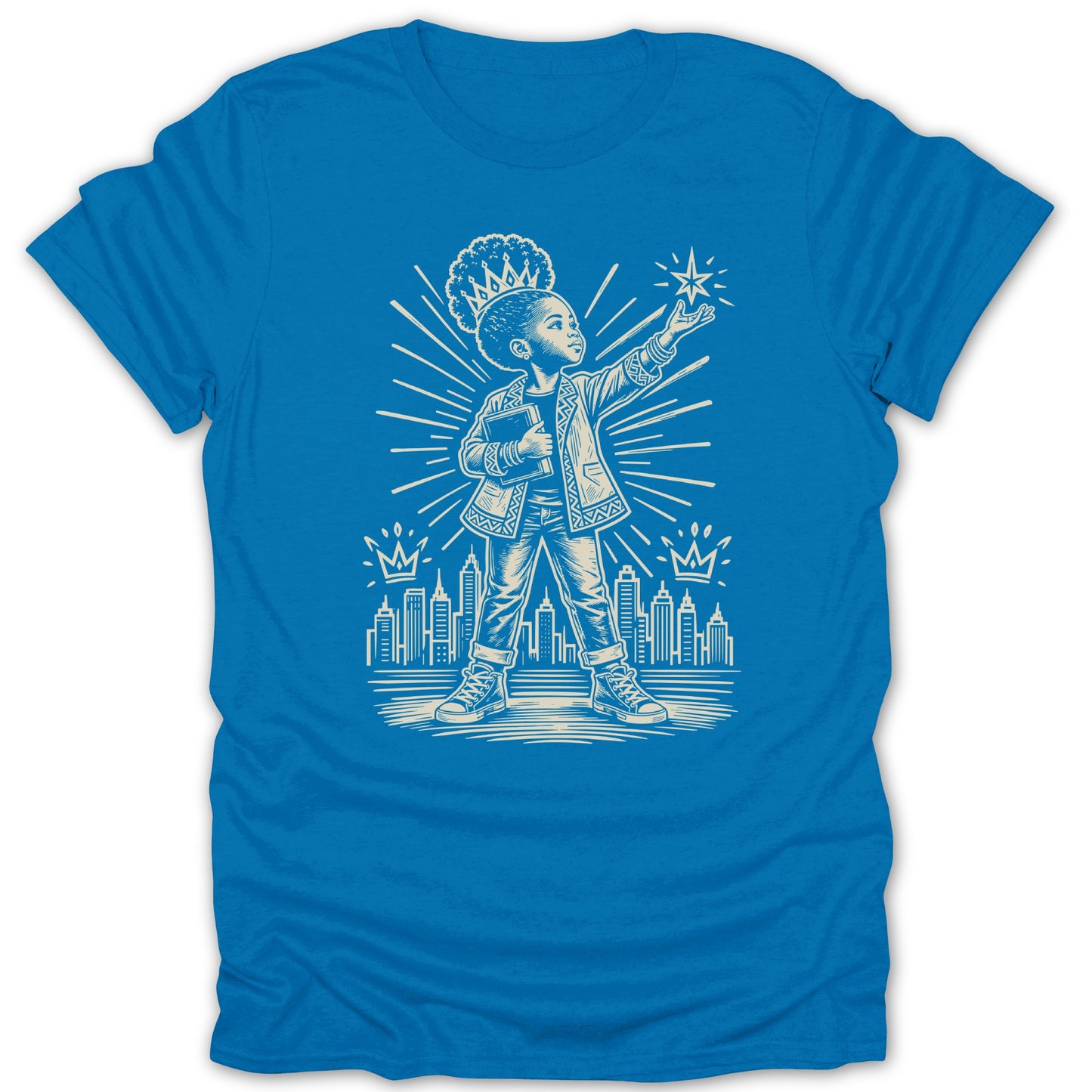 Line art of a crowned child reaching for a star above a city skyline.