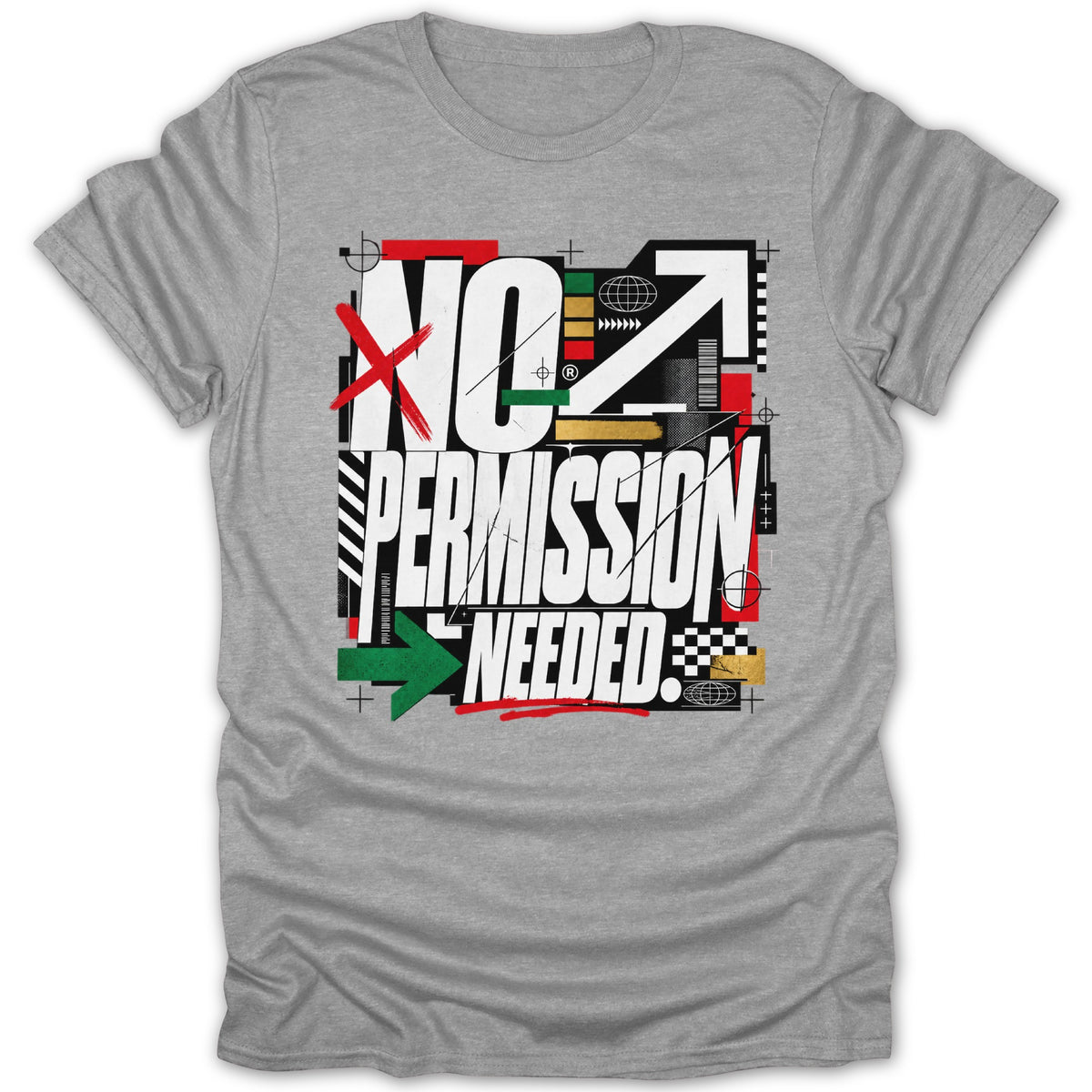 Grey t-shirt with "NO PERMISSION NEEDED" text and abstract graphics.
