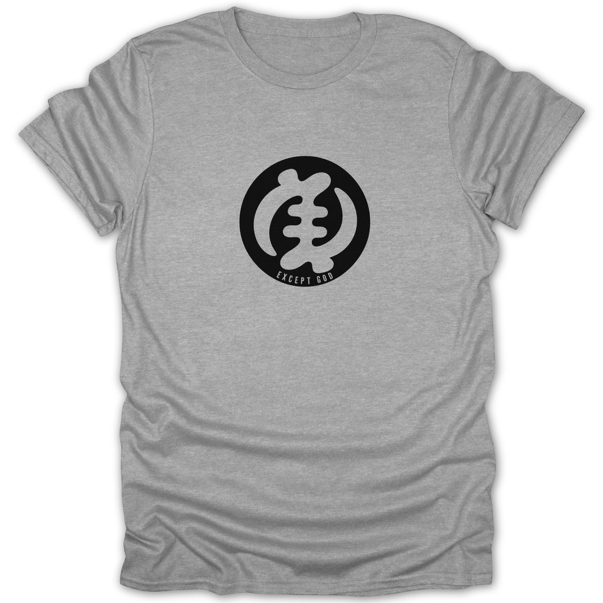 A grey t-shirt featuring a black circular graphic with a Gye Nyame Adinkra symbol and the text "EXCEPT GOD".