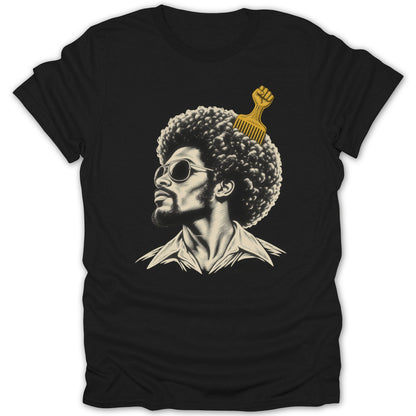 A black t-shirt features a retro-style illustration of a man with an afro and a gold pick comb.