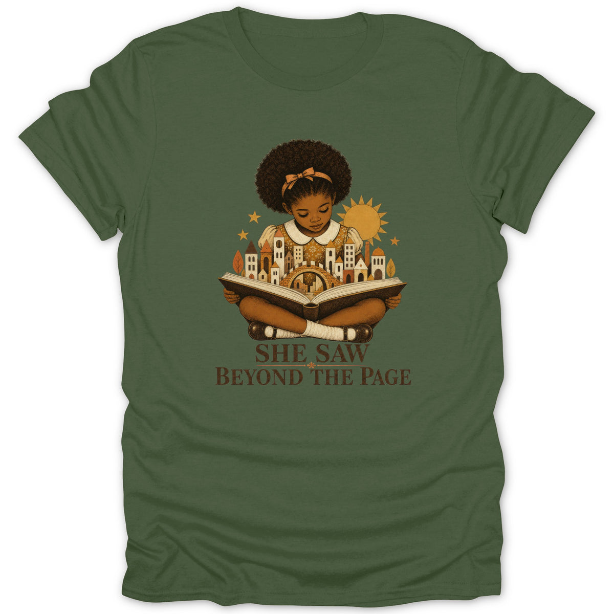 Girl reading book with city rising from pages; "She Saw Beyond the Page."