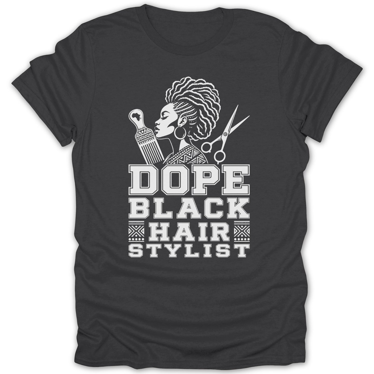 Dope Black Hair Stylist graphic with woman, comb, and scissors.