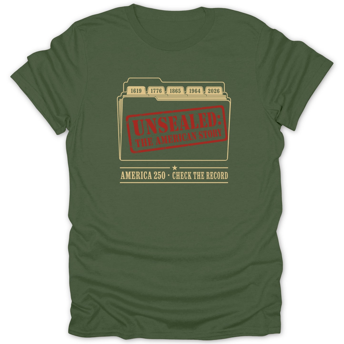 Green t-shirt with "UNSEALED: THE AMERICAN STORY" graphic and dates.
