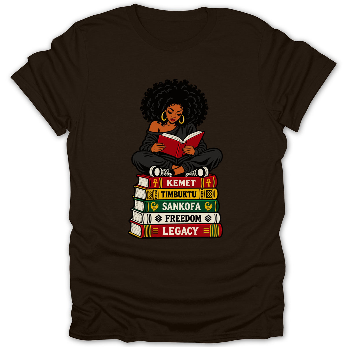 Black woman reading on stack of books: Kemet, Timbuktu, Sankofa, Freedom, Legacy.