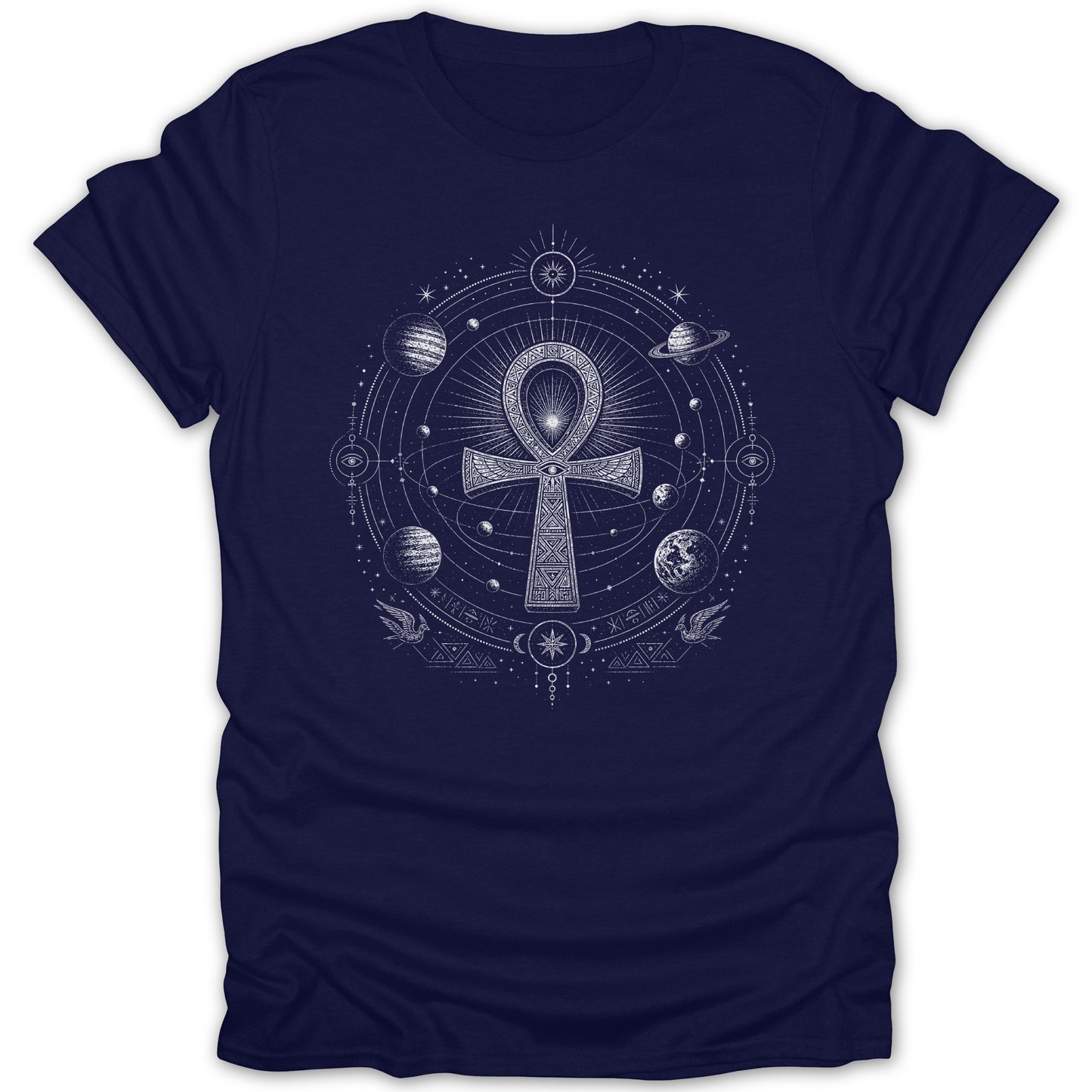 Ankh symbol with cosmic planets and astronomical elements on a navy t-shirt.