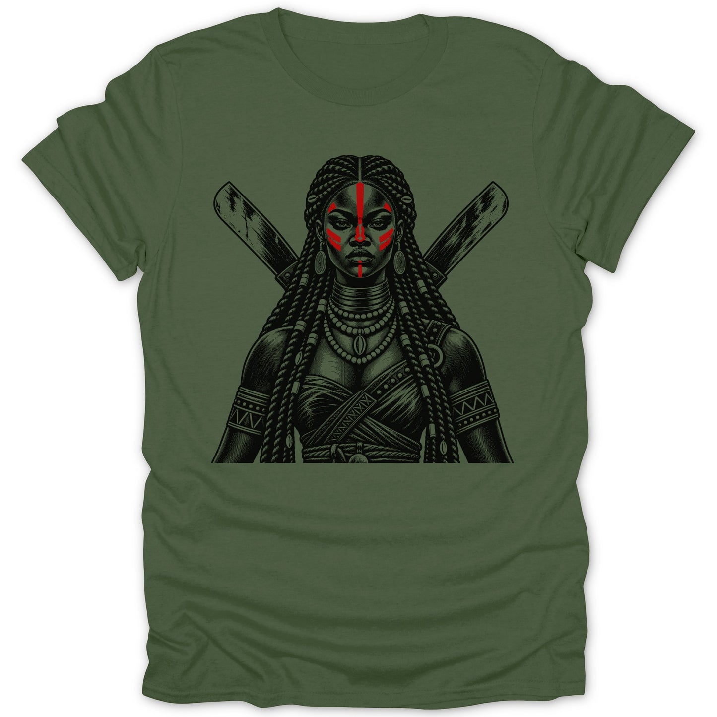 T-shirt with illustration of a warrior woman with red face paint and crossed weapons.