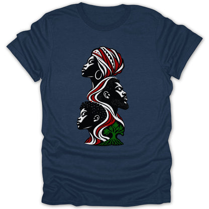 Three stylized Black faces stacked vertically with an illustrated tree at the bottom.