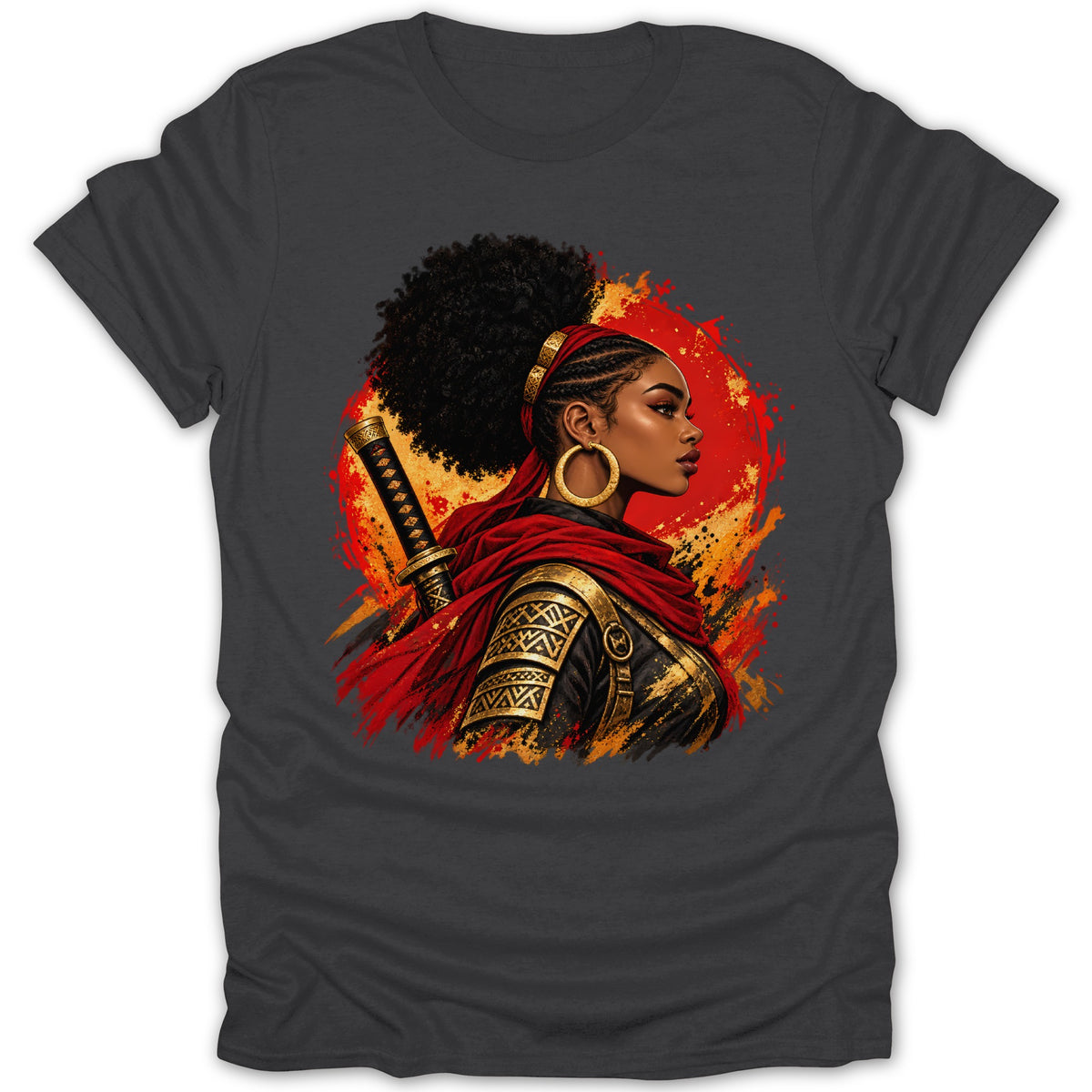 Black woman with katana, red sash, and gold armor against abstract background.