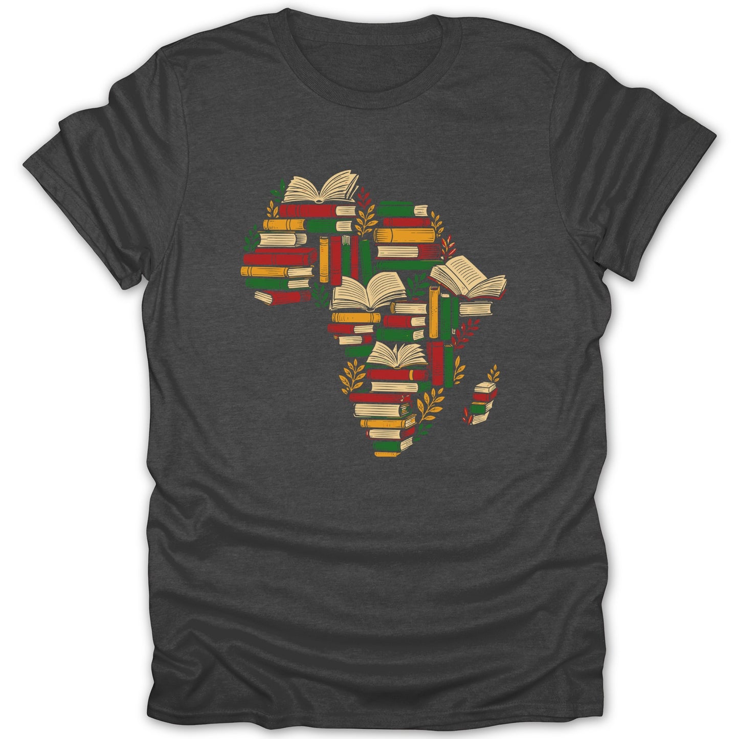 Africa map outline made of stacks of red, green, and yellow books.