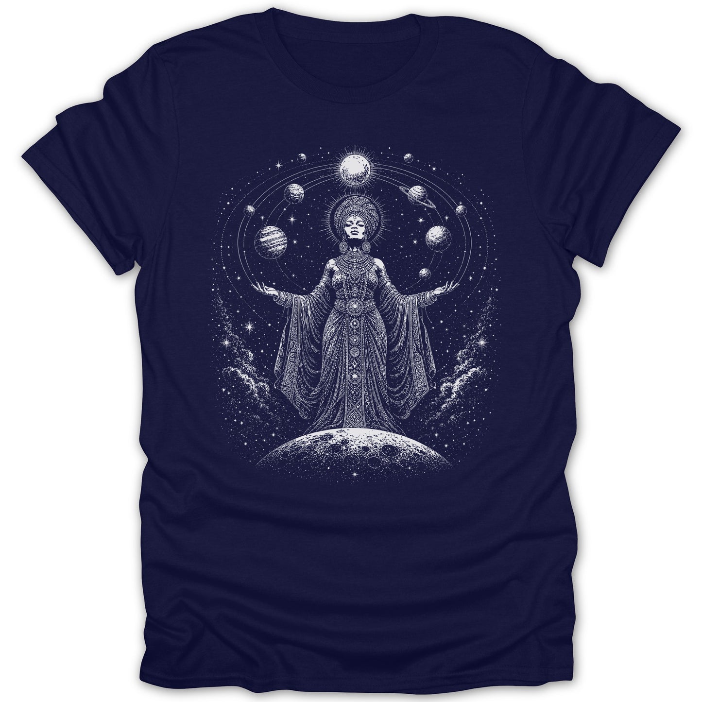 Woman in ornate dress on moon surrounded by planets and stars.