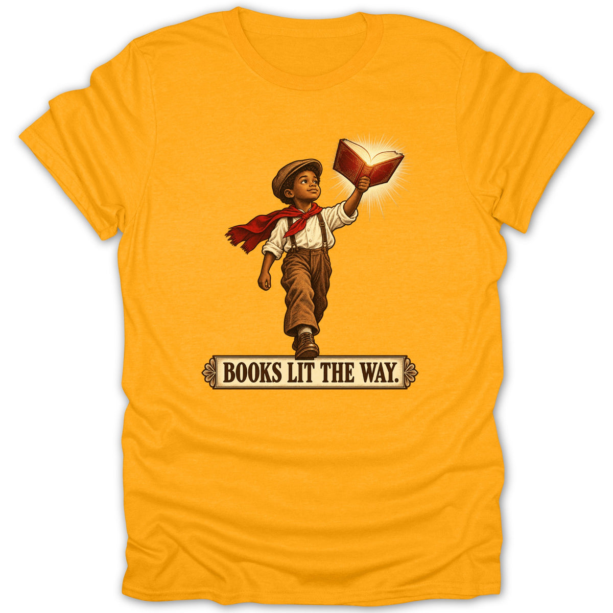 Boy in vintage clothes holding illuminated book with text "BOOKS LIT THE WAY."