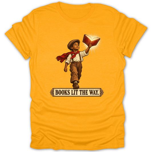 Boy in vintage clothes holding illuminated book with text "BOOKS LIT THE WAY."