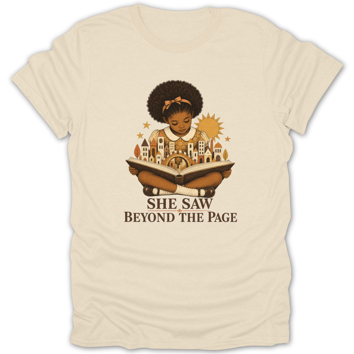Girl reading open book with city emerging, "She Saw Beyond The Page" text.