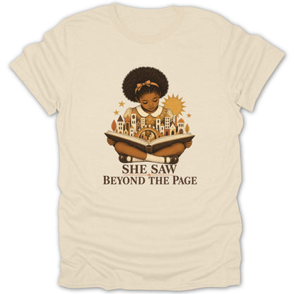 Girl reading open book with city emerging, "She Saw Beyond The Page" text.