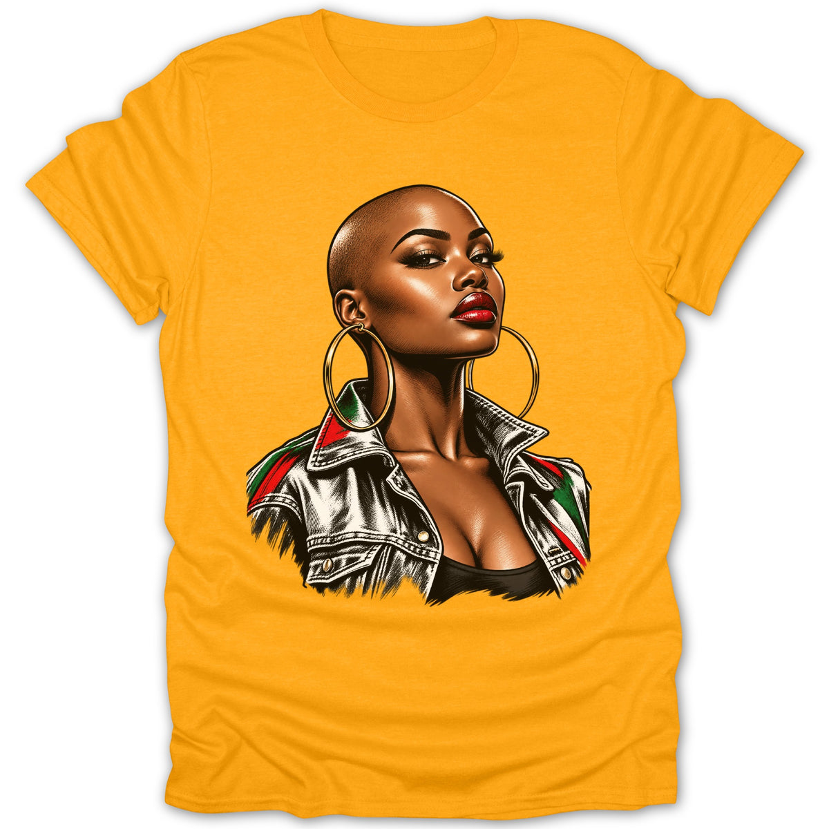 Yellow t-shirt with graphic of a bald Black woman in a denim jacket.