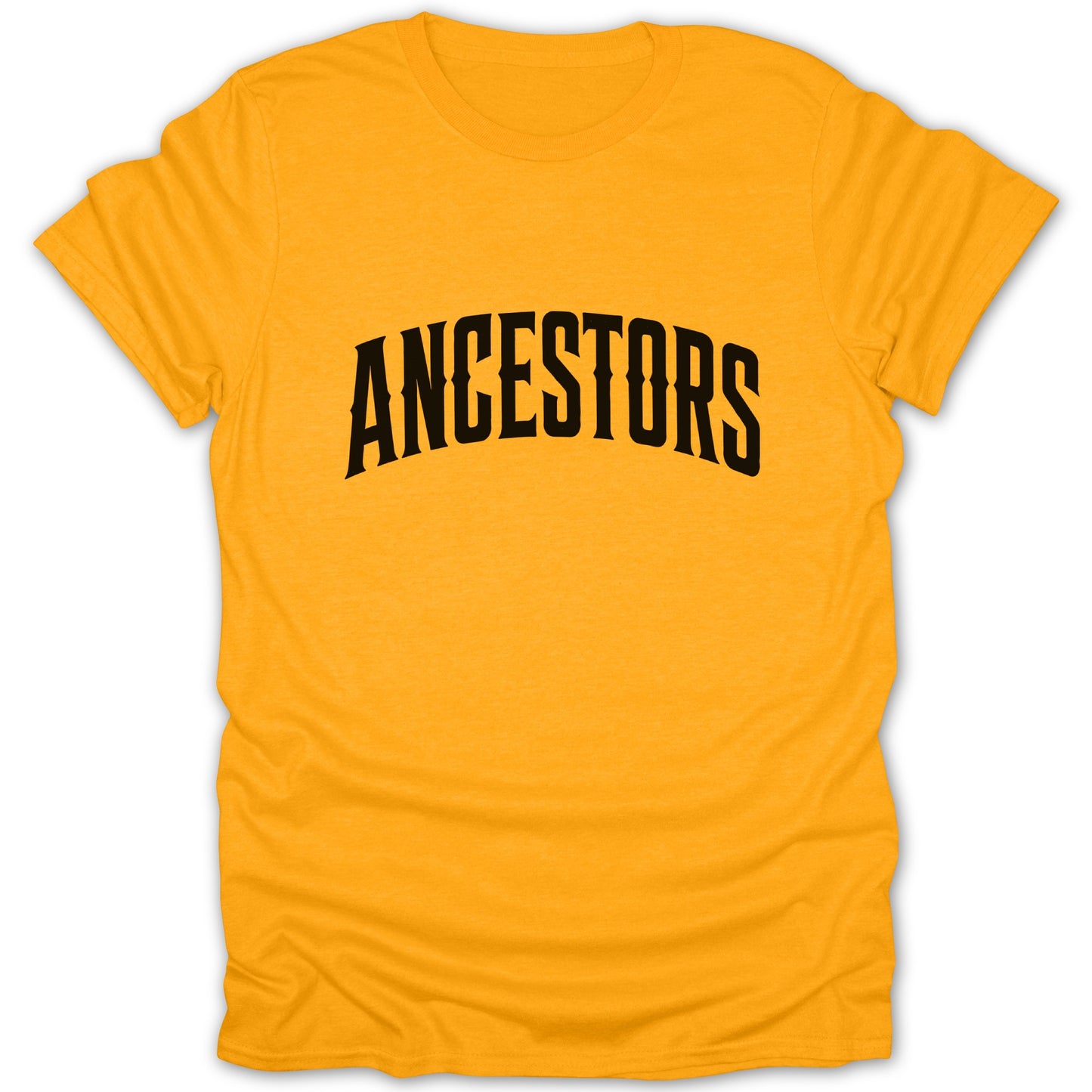 Orange t-shirt with black arched text that reads "ANCESTORS".