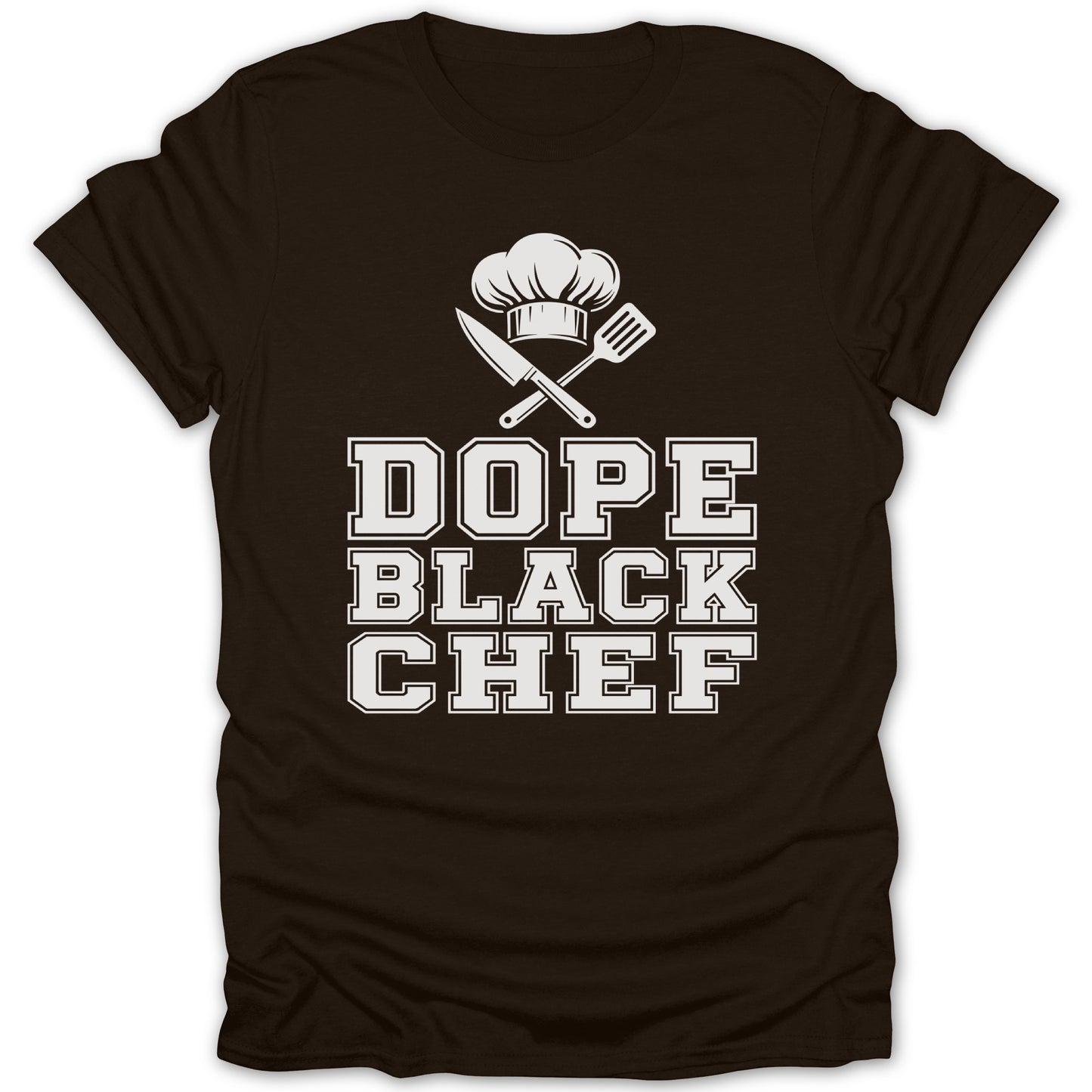 Brown t-shirt with white text "DOPE BLACK CHEF" and chef graphics.