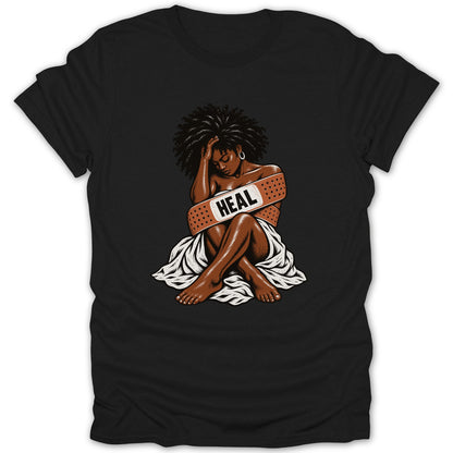 Illustration of woman wrapped in bandage with text "HEAL" on a black t-shirt.