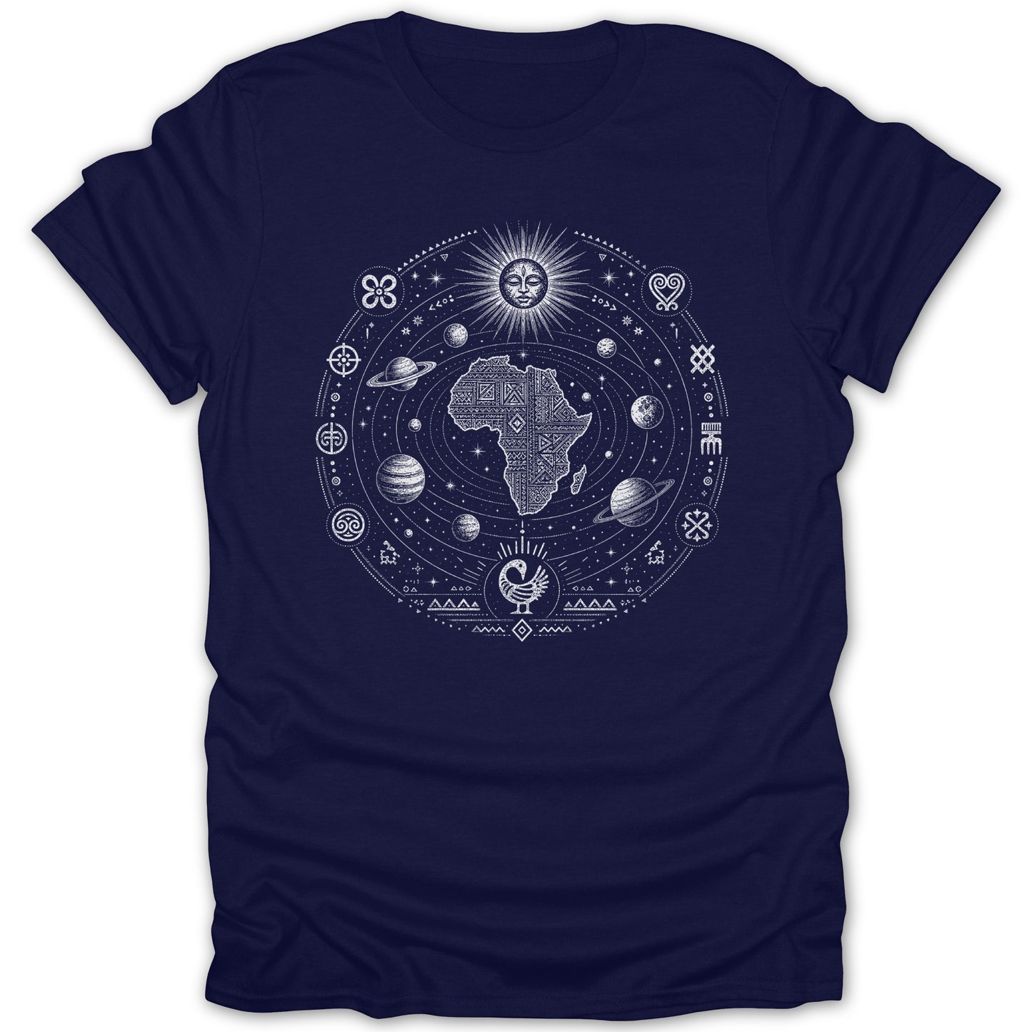 T-shirt with a white African continent solar system design and Adinkra symbols.