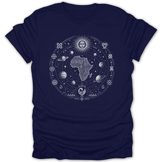 T-shirt with a white African continent solar system design and Adinkra symbols.