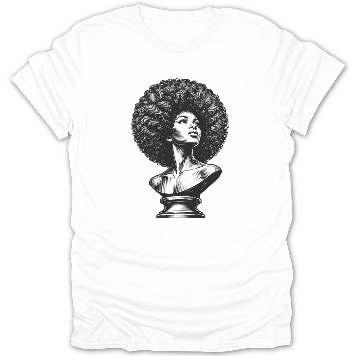 B&W illustration of a woman's bust with voluminous afro hair on a pedestal.