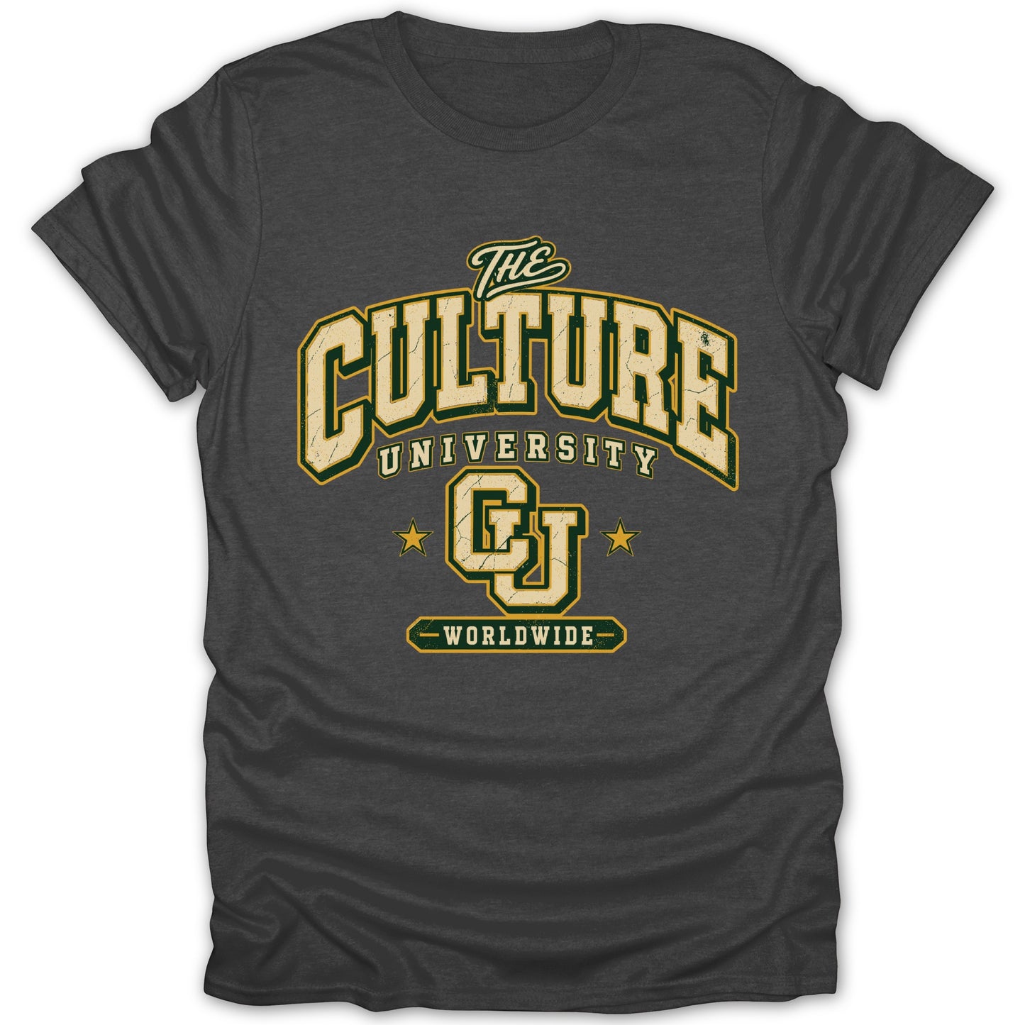 Dark grey t-shirt with "The Culture University CU Worldwide" text and graphics.