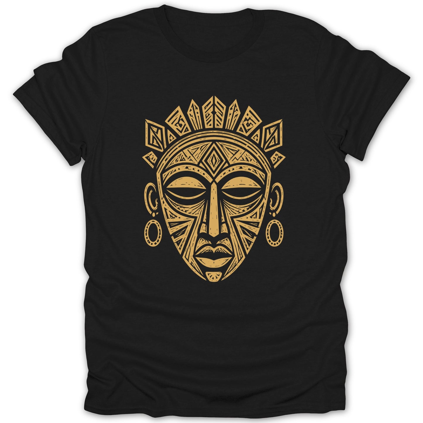 Black t-shirt with a gold tribal mask graphic on the front.