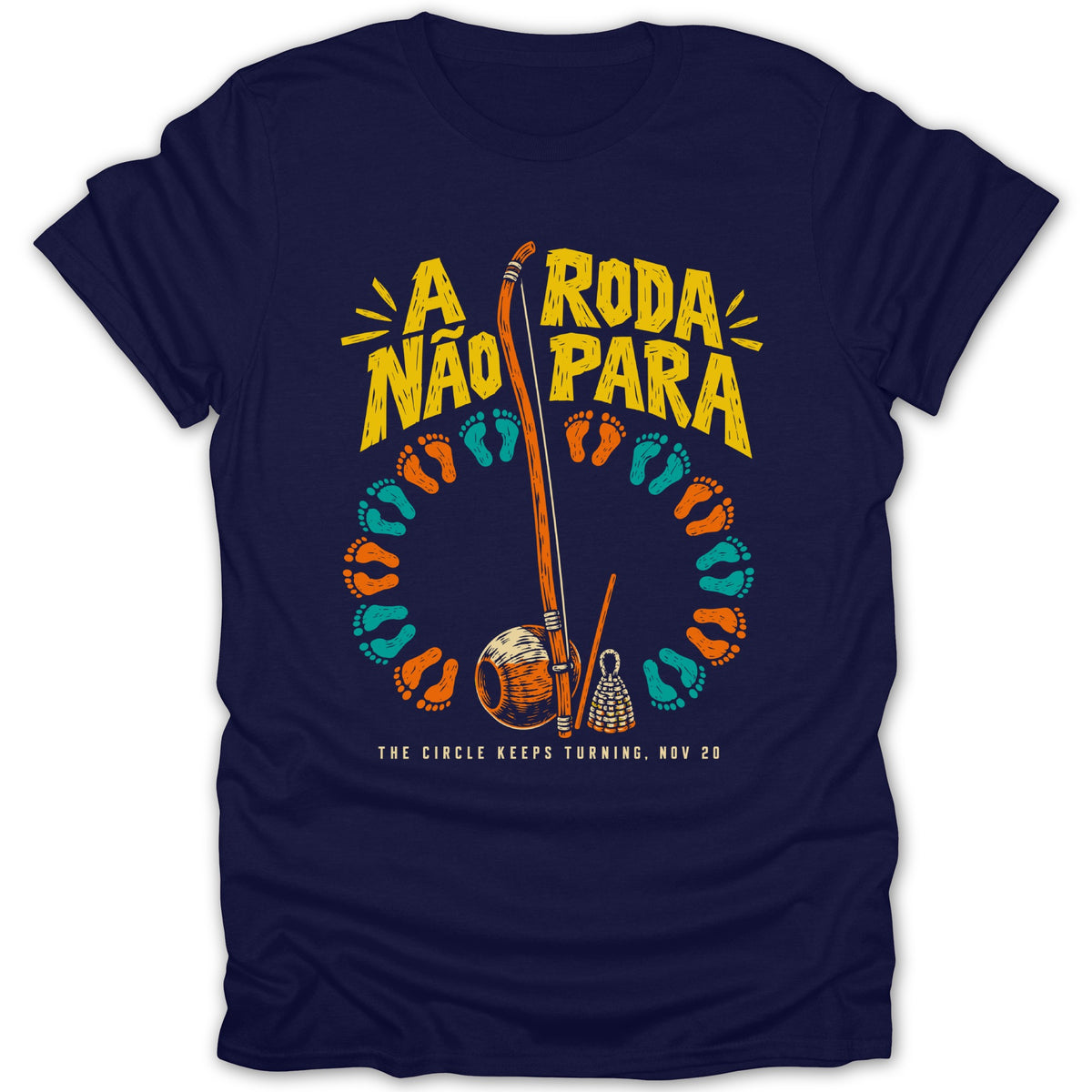 Navy t-shirt with "A RODA NÃO PARA" and capoeira instruments.