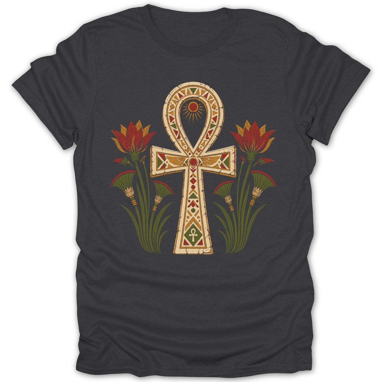 Ankh symbol with Egyptian lotus flowers and papyrus plants.