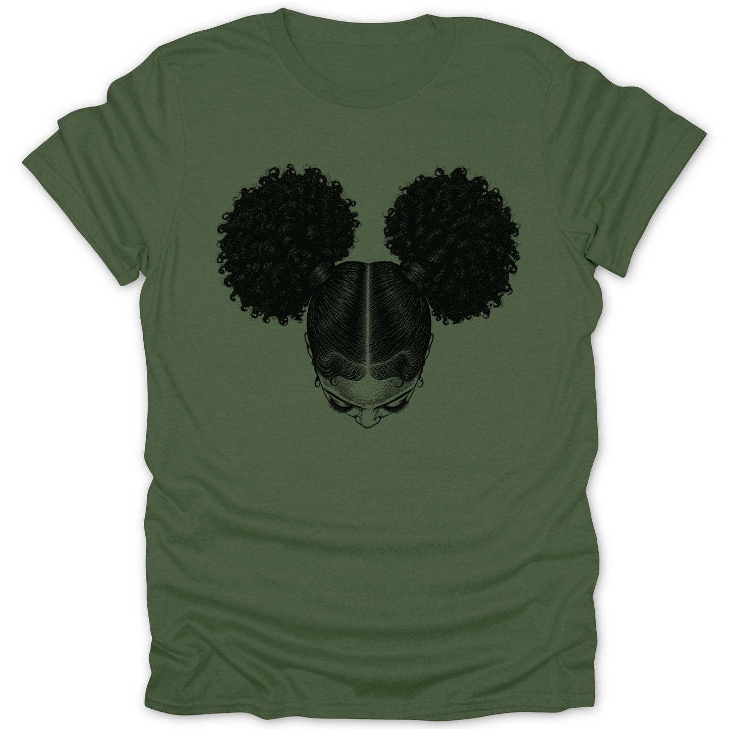Green t-shirt with black line art of a girl's head with afro puffs.