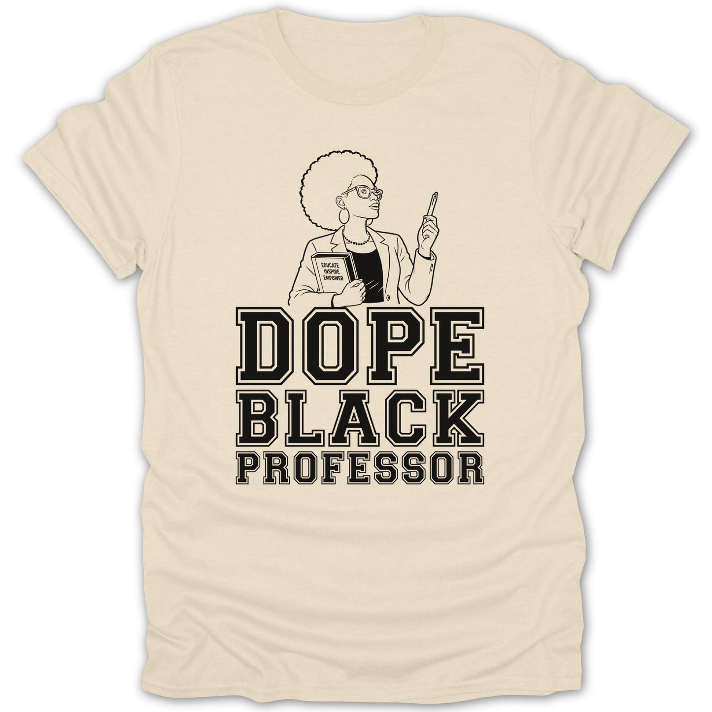 Cream t-shirt with black text and illustration of a professor.