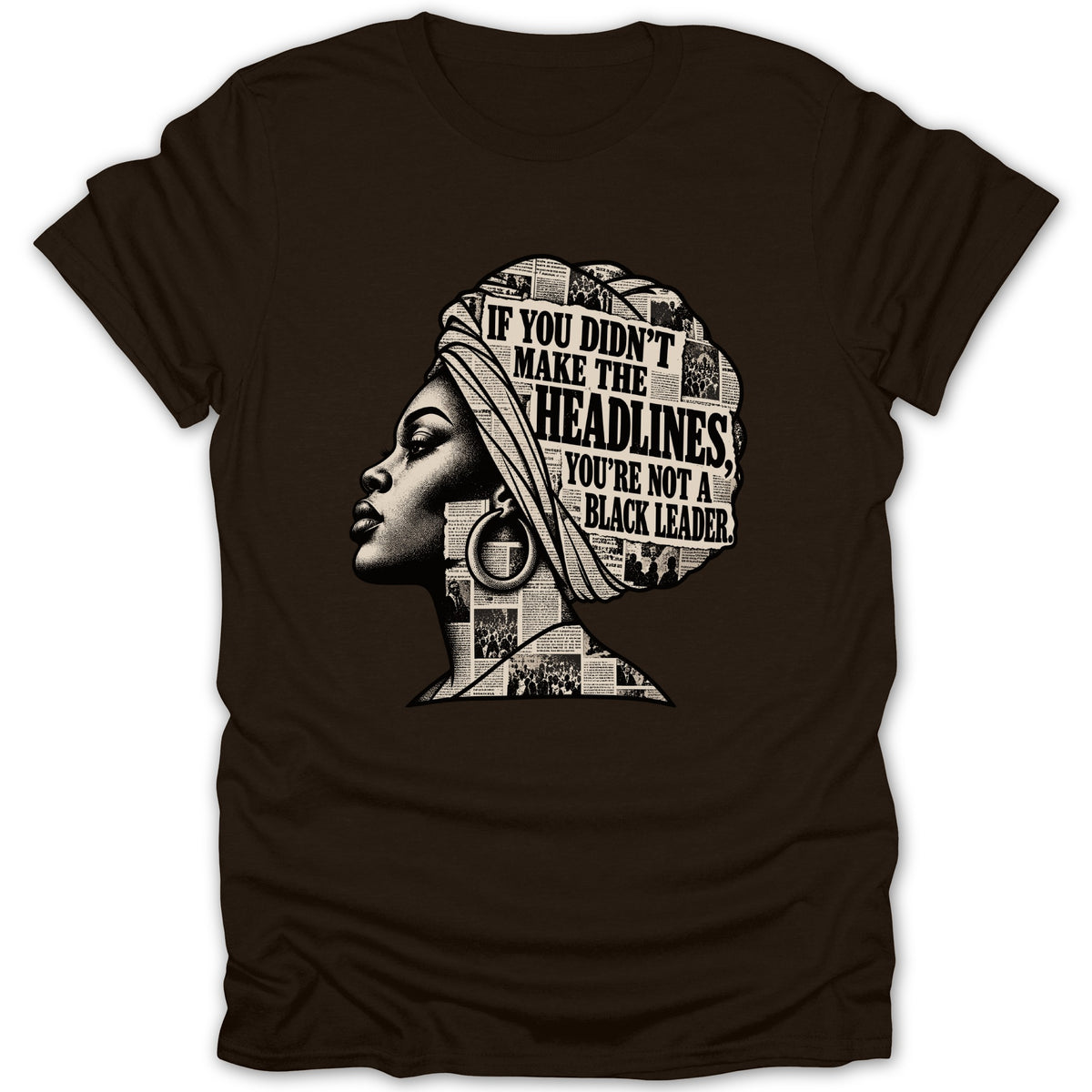Brown t-shirt with a black graphic of a woman's head filling with headlines.