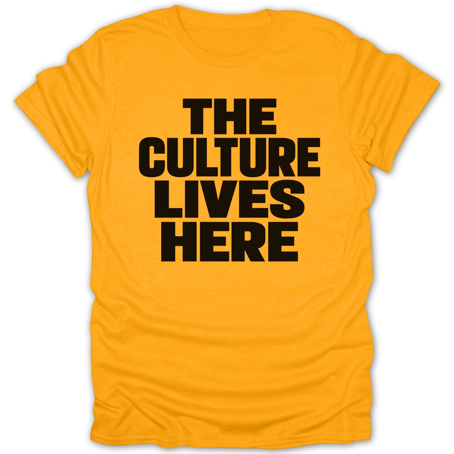Yellow t-shirt with black text reading "THE CULTURE LIVES HERE".