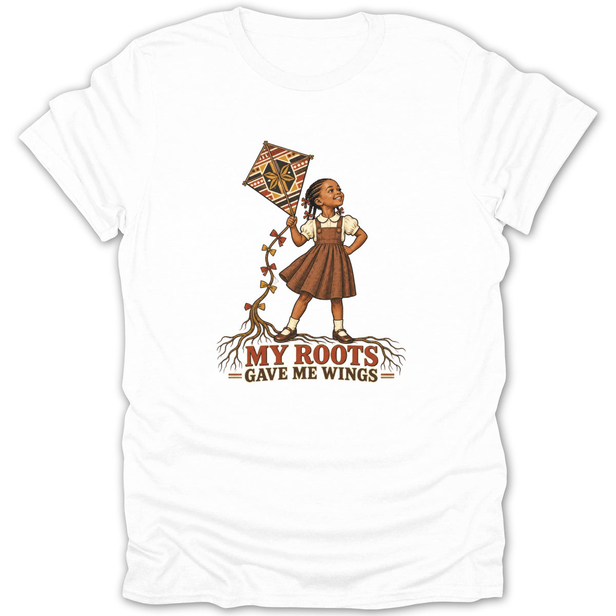 Girl with kite standing on roots, text "MY ROOTS GAVE ME WINGS"