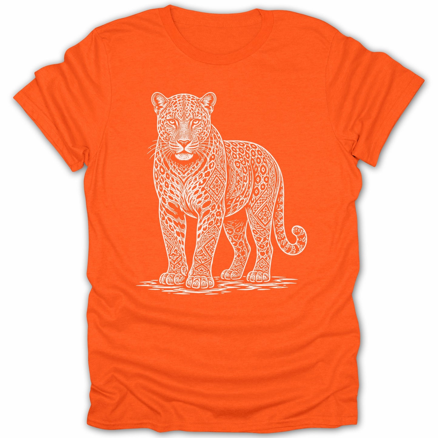 Orange t-shirt with a white line drawing of a stylized leopard.