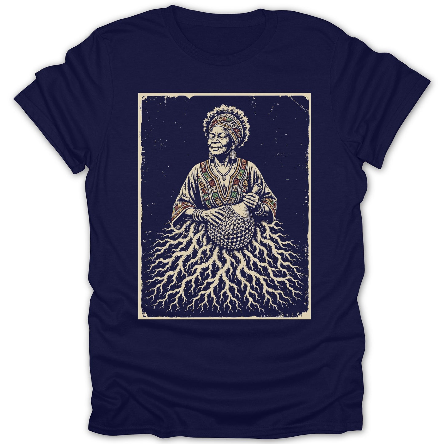 Illustration of an African woman holding a gourd shaker with roots growing from her skirt.