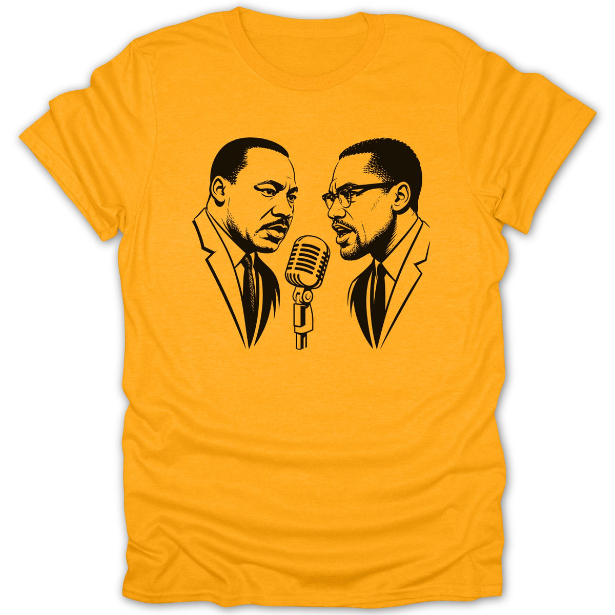 Black graphic of Martin Luther King Jr. and Malcolm X facing a microphone on a yellow t-shirt.