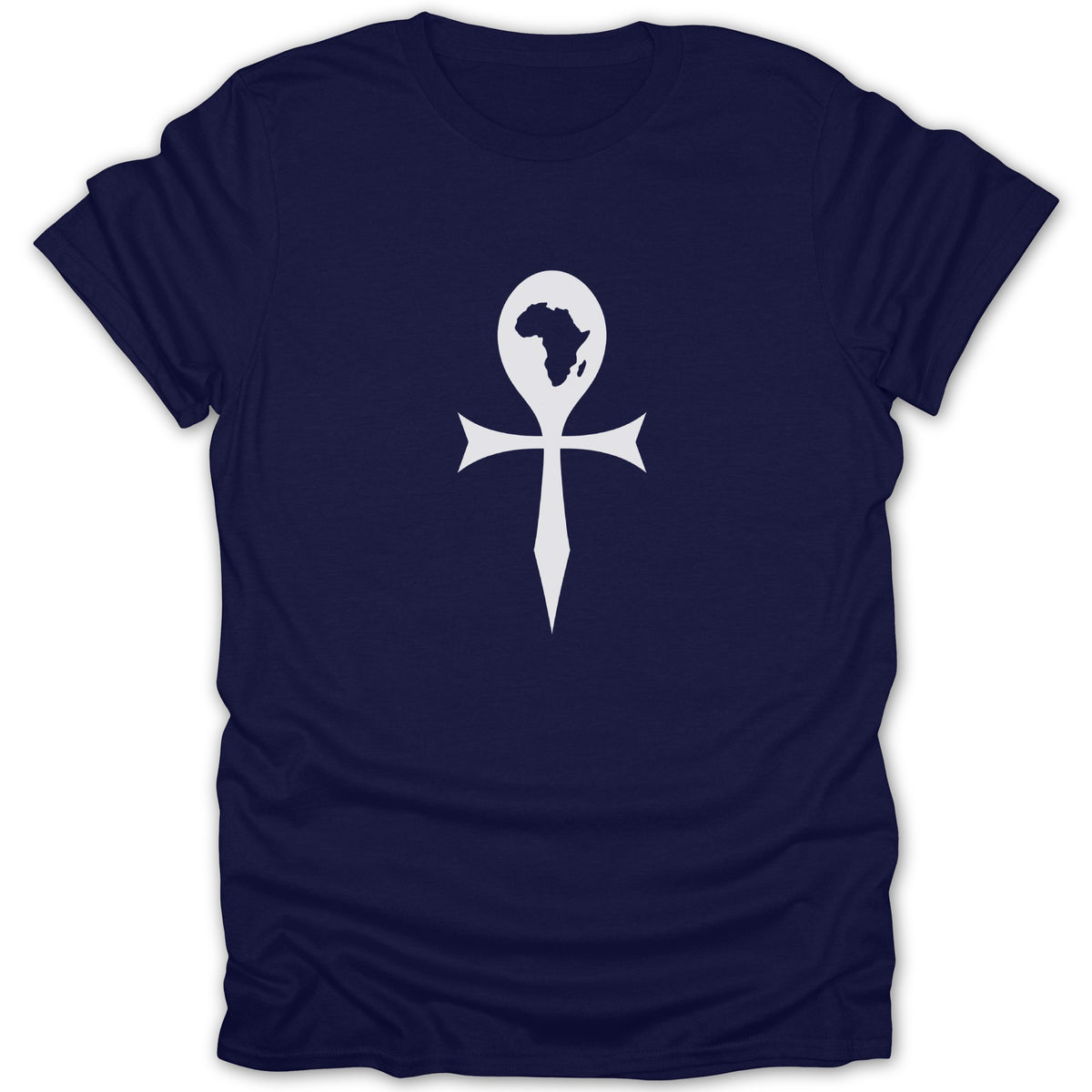 A dark blue short-sleeved t-shirt features a white ankh symbol centered on the chest, containing the map of Africa inside its loop.