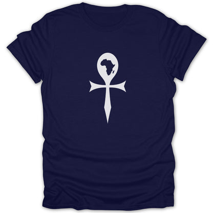 A dark blue short-sleeved t-shirt features a white ankh symbol centered on the chest, containing the map of Africa inside its loop.