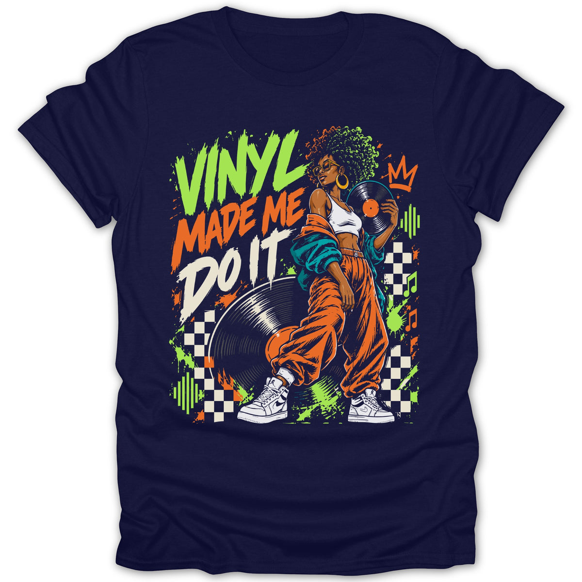 Illustration of a woman holding a vinyl record with "Vinyl Made Me Do It" text.