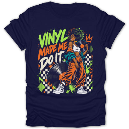 Illustration of a woman holding a vinyl record with "Vinyl Made Me Do It" text.