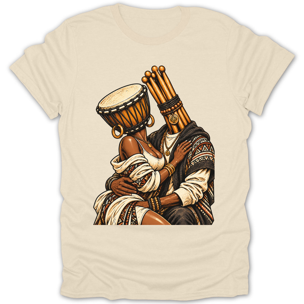 Couple embracing, one with drum head, other with drumsticks for head.