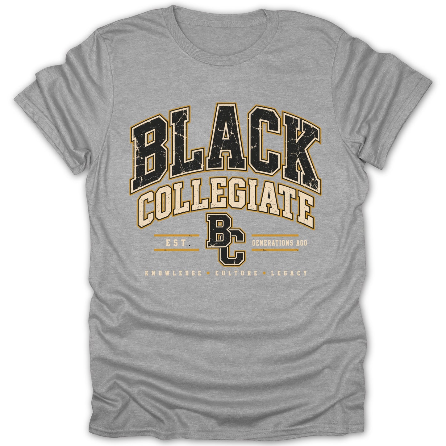 Grey t-shirt with "BLACK COLLEGIATE" text, BC logo, and "KNOWLEDGE CULTURE LEGACY"
