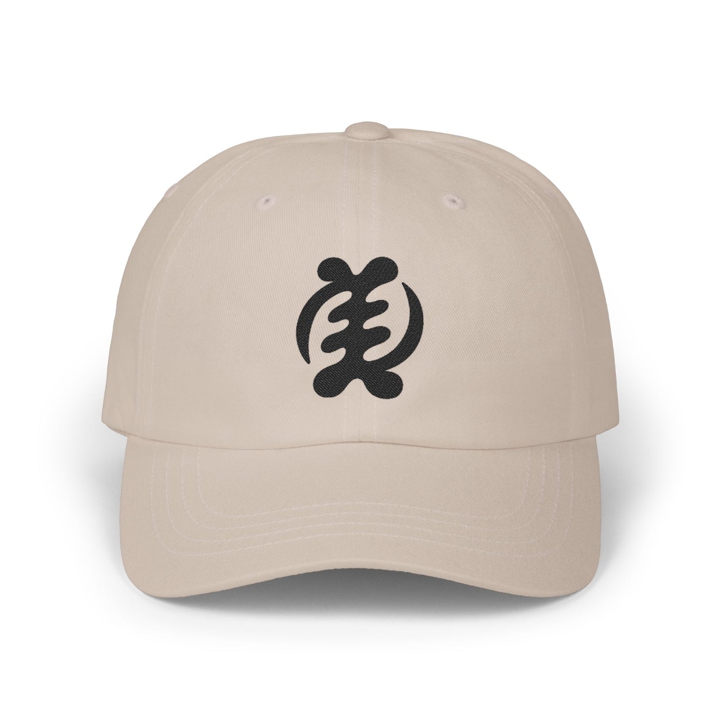 Beige baseball cap with black Adinkra symbol Sankofa.
