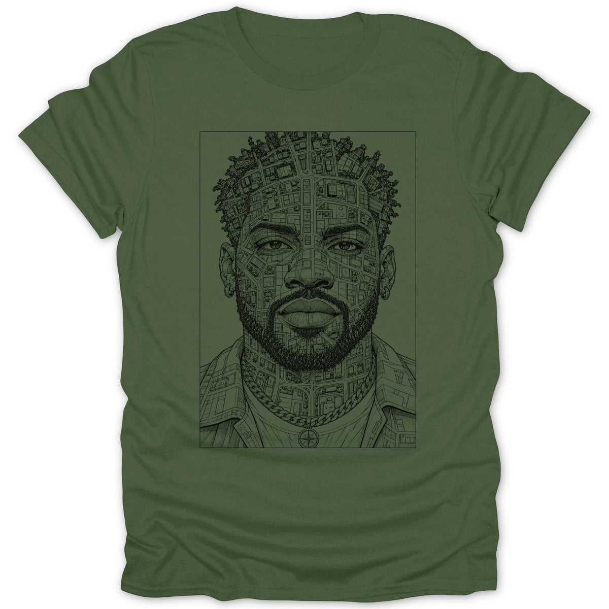 Line art portrait of a man with a cityscape integrated into his hair and face.