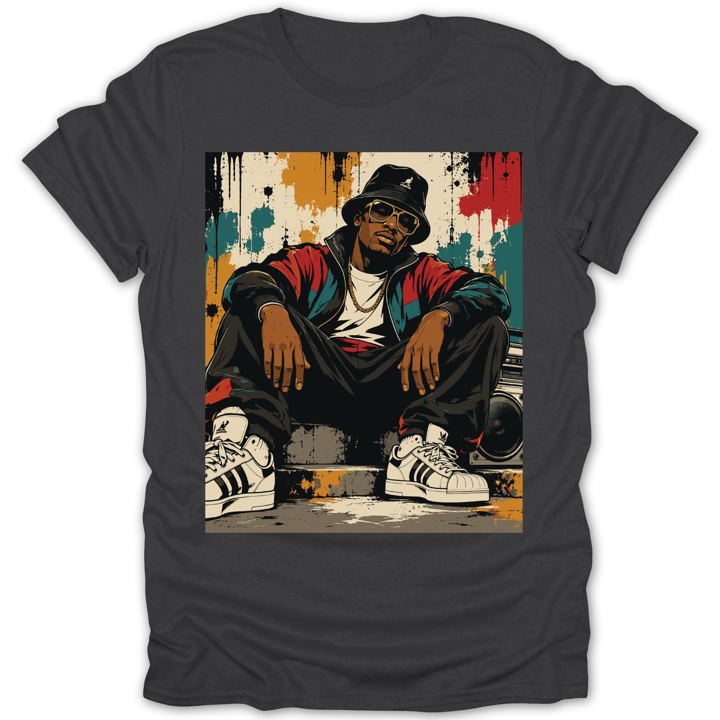 Illustration of a man in bucket hat, sunglasses, and tracksuit with boombox.